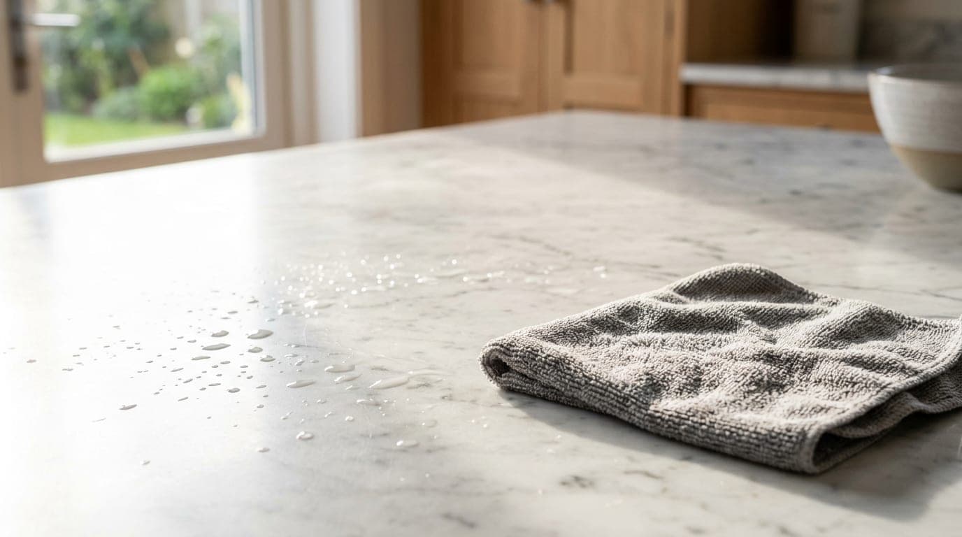 A sparkling clean kitchen counter with water beads and a cloth, lit by natural daylight.